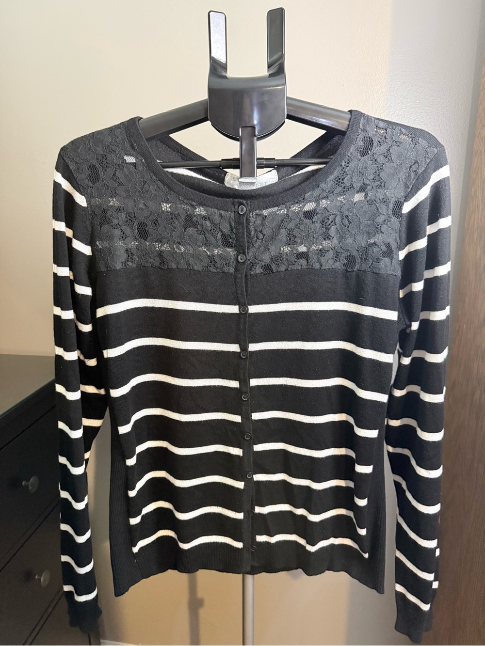 By Design Black White Striped Lace Button Front Cardigan XL